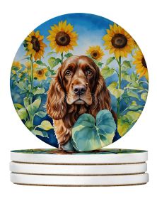 English Cocker Spaniel in Sunflowers Large Sandstone Coasters Pack of 4 Absorbent Round Coasters Decor Gifts for Men or Women, 4 in, Multicolor