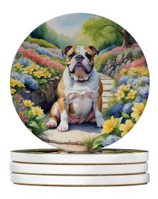 English Bulldog Spring Path Large Sandstone Coasters Pack of 4 Absorbent Round Coasters Decor Gifts for Men or Women, 4 in, Multicolor