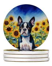Boston Terrier in Sunflowers Large Sandstone Coasters Pack of 4 Absorbent Round Coasters Decor Gifts for Men or Women, 4 in, Multicolor